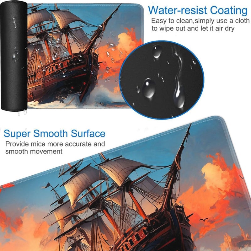 JVGFYNKL MTG Playmat + Drawstring Travel Pouch + 6 Dice Counter, for Tabletop Trading Card Game Playmats or Large Mouse Pad, Anti-Slip Rubber 24 x 14 in, Pirate Ship Sailing on The Sea TCG Playmat - Image 3
